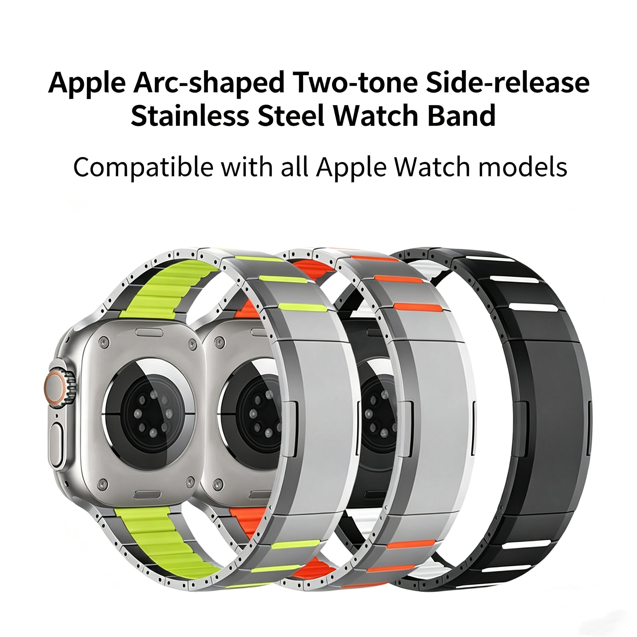 Curved Two-Tone Stainless Steel Watch Band With Side-Release Buckle