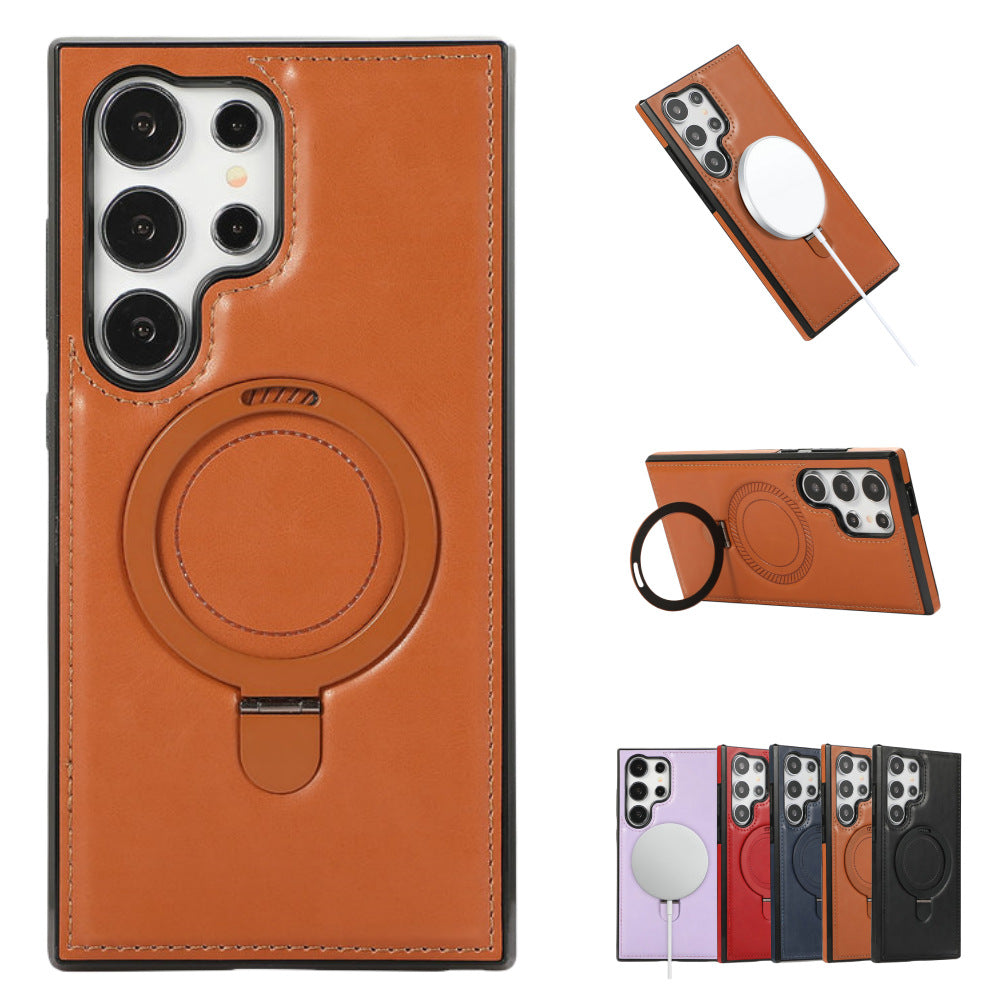 Samsung Case With Magnetic Charging Ring, Leather Texture, Business Style