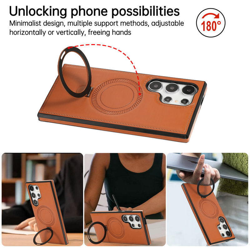 Samsung Case With Magnetic Charging Ring, Leather Texture, Business Style